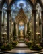 Placeholder: Miniature cathedral inside a transparent glass parabolic box, a world of flowers, plants, fountains and water features, historical, fantasy, mythical, gentle, symmetry, detailed and beautiful composition, totally symmetrical, halo lighting and chiaroscuro, clarity and precision. The flower planet in this image appears to be a baroque world, with ornate spiral patterns and intricate designs. Award-winning photograph.