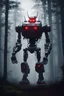 Placeholder: ROBOT MINACCIOSO CON GLI OCCHI ROSSI,PRONTO AD UCCIDERE, IN UN ATMOSFERA OSCURA CON UN BACKGROUND DI UNA FORESTA CON DELLA NEBBIA FATTO IN 4K