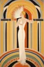 Placeholder: a woman with feathers in an Art Deco foyer by artist "Hilma af Klint"by artist "Erté"