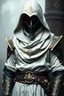 Placeholder: white robed healer, with leather armor that has intricate gold details on it, over top of it. the robe has a stiff high collar and a hood like ezio from assassins creed . He has black and gold plague doctor mask covering his face.