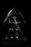 Placeholder: funko skeleton in a black hooded cloak drawn in a retro mascot style, inside a light diamond shape on a black background, monochromatic