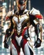 Placeholder: Stunning hyper-realistic anime illustration Powerful male protagonist dressed in striking white, red, black and gold outfit. Intricate armor with obsidian patterns with gold details emits fascinating energy. Muscular, toned physique accentuated with sleek lines and details. Futuristic cityscape background that contrasts beautifully with her bold outfit. Masterful combination of sci-fi anime aesthetics and 3D rendering