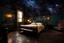 Placeholder: strange evening in vintage bedroom, deep dark colors, old wood floor, old antique bed, translucent walls, ceiling the galaxy with stars, etheral, mystic, stunning, cinematic