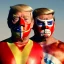 Placeholder: Realistic image of Donald trump wrestler, Mexican wrestling style, Mexican wrestling mask for eyes, red and blue breeches, glow us flag dress, suspenders, retro style, 80s, vibrant color, highly detailed, sky background, concept art, unreal engine 5, god rays, ray tracing, RTX, lumen lighting, ultra detail, volumetric lighting, 3d, finely drawn, high definition, high resolution.