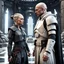 Placeholder: a bold and heroic bald male Corellian pilot in black and metallic grey First Order special forces gear meets a female Jedi Master in ancient, mystical temple, hyperdetailed, dynamic lighting, hyperdetailed background, 8k resolution, volumetric lighting, light skin, fully symmetric details