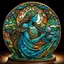 Placeholder: 🔥 PROMPT: A surrealistic art piece featuring Mother Earth cradling Planet Earth in her arms. The sculpture is intricately carved from interlacing wood, with stained glass inlays that illuminate the artwork. The filigree design draws inspiration from Irish folk art, blending the styles of James Rizzi, Mary Anning, Rufino Tamayo, and Carl Kleiner. Set against a dark background, the illuminated sculpture installation presents a stunning fusion of nature and art, with detailed craftsmanship and vib