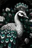 Placeholder: White peacock portrait, textured feathers ornate black pearls, center ed position of Blooming feathers, tribal ornate background, organic bio feathered ribbed of transculent extremely detailed maximálist colour hyperrealistic concept art