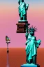 Placeholder: up-close digital image of the statue of liberty, covered in graffiti , holding a cellphone and taking a selfie while smiling,a Louis Vuitton bag over shoulder, standing alone In a deserted desert