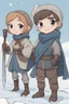 Placeholder: DnD style, two medieval peasant kids playing in the snow male and female, age 14 and 15, happy and playful, he has a short sword. She has a dark blue scarf.