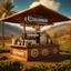 Placeholder: Captivating 3D rendering of a vintage style photograph of a coffee stand, adorned with the elegant word "Colombian Coffee", the stand is surrounded by coffee beans on a wooden table. Stand filled with steaming coffee, giving off a cozy atmosphere In the background the Colombian mountains with coffee crops, and a bright blue sky. The image is illuminated by a welcoming glow that evokes a feeling of nostalgia., typography, 3D rendering, far below a small text, "By: PalomoArtStudio" .