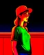 Placeholder: woman with a red baseball hat. leaning on a wooden balcony. night time. fantasy. cartoon. studio lightining.