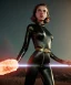 Placeholder: retro sci-fi portrait image from 1960, supermarket parking explosion, fire, young Scarlett Johansson, classic black tight lycra latex suit, gold bracelet and belt, soft color, highly detailed, unreal engine 5, ray tracing, RTX, lumen lighting, ultra detail, volumetric lighting, 3d, finely drawn, high definition, high resolution.