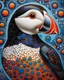 Placeholder: A colorful puffin in the style of Yayoi Kusama, surrounded by circles and dots, with an abstract background. The puffin is depicted as if it were painted using oil paints on canvas, giving it a three-dimensional appearance. It has vibrant colors like blue, red, yellow, green, orange, purple, white, black, brown, silver, and gold. It has intricate patterns that give depth to its form.