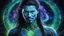 Placeholder: beautiful gorgeous young man na'vi with long hair, Avatar, blue skin, two small ears, green eyes, black hair, in cosmic suit, galactic ambiance, medium pointy goatee , smiling, nebulas and sacred geometry light figures on the backgroud,