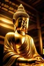 Placeholder: A wide angle image of a golden statue of Buddha with chrome top and golden light from the side
