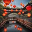 Placeholder: Japanese orange and red paper lanterns floating down a Japan river under an ornate wooden bridge, hyperreal