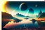 Placeholder: Alien landscape with exoplanet in the sky, over the valley. Pond, cinematic, movie poster