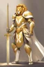 Placeholder: Humanoid lion knight wearing white and gold armor, wearing a white and gold cape, holding a large sword and shield