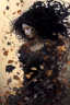 Placeholder: abstract creation of a beautiful girl with black curly hair, surrounded by black roses, thick metal chain broken, glass petals on the ground, autumn colours,dried out thorn bush, chaos,