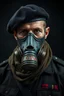 Placeholder: Military officer of German origin with damaged skin and body, about 30 years old with a black beret, a scarf falling from the shoulders and an apocalyptic gasmask hiding his entiere face, he looks like he mutated into a hybride. all on a dark background