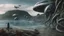 Placeholder: detailed matte painting of a wide-angle shot of a woman standing on the right-hand side of an alien beach, with dark hair in a silver robotic catsuit, many floating aliens with long tentacles, alien jungle trees in the distance, deep colour