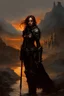 Placeholder: A formidable warrior girl in black armor, on the background Amazing gloomy landscape, flooded with sunset, mountains, trees, fabulous scary hero, , juicy emotions, painting, dark fantasy, gloomy day, dark world, portrait, Gothic Town At Night, Fantasy, Intricate Details, Castle Courtyard Gardens, Hyper Detailed, Jean Baptiste Monge, Carne Griffiths, Michael Garmash, Seb Mckinnon, Masterpiece