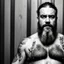 Placeholder: full figure shot photography, drunk beefy burly sweaty gipsy man , masculine hairy 55 year old man, dreadlocks, several tattoo, long beard, , hands behind the head, big shoulders, big arms, closed eyes, ambient occlusion ,sitting in a Sauna, super high resolution, 8k, cinematic light, ultra hyper realistic, frontal view from the bottom, view angle from the ground