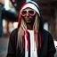 Placeholder: Mysterious Cuban cyberpunk wizard, short dreadlocks dyed blonde, dark skin, hooded sweatshirt, bright white eyes, red reflective shades