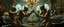 Placeholder: Lotsa shiny brass and tinted glass goths pushing each other with sticks in dramatic scene in luxury parlour in the style of Giger and Escher