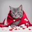 Placeholder: A small gray cat under a red blanket with little white hearts on a white background nothing cropped