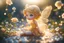 Placeholder: double exposure, only dots, golden glitter and pebbles, cute chibi anime rose fairy, fountain, garden, forget me nots and roses in sunshine, backlit, ethereal, cinematic postprocessing, bokeh, dof