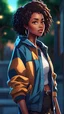 Placeholder: twenty year old black girl with short hairs, with a jacket and casual clothes style, from head to toe, best quality, digital painting, 4k, sharp focus, intricate texture, skin imperfections, blank background. , interactive novel style,bokeh, professional, anime clean drawing,Your Name, 4k, highly detailed, clear lighting,