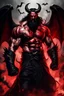 Placeholder: old man, black beard, angry, muscle, skin red , red body, black goat horns, black bat wings, long black haired, devil appearance, satan, diabolic scars, black old armor, hell background.