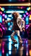 Placeholder: funky punk hippy hairy white skinned pimp tap dancer fashion gremlin in the middle of crazy dance moves dancing on buss parked in dark lit reflective wet arcade hall tunnel,bokeh like f/0.8, tilt-shift lens 8k, high detail, smooth render, down-light, unreal engine, prize winning