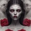 Placeholder: Mystery scary VAMPIRE,Ambiance dramatique, dramatic lighting, volumetric lighting, hyperrealisme, 8k, high quality, lot of details, fit within portrait , black and red roses , alan parker , anna dittman , close up vampire teeth,