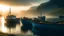 Placeholder: Painted fishermen’s boats anchored in a harbour in the Faroe Islands near a fishing village, fishermen putting fishing nets on their boats, peaceful, mist in the distance over the calm sea, early morning, sunrise, beautiful romantic photograph, excellent composition, atmospheric, realistic