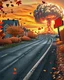 Placeholder: town street with a nuclear explosion in the distance, autumn colors, leaves falling on street, leaves falling in foreground, light source is the nuclear explosion, yellow orange brown pallet, very low vantage point