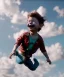 Placeholder: Ultra realistic clouds sky scene, medium shot view, portrait, sweet monster Childs free jumping flying with trinkets, smile, happy, Wes Anderson style, Peter Pan, inflatable color clothing, extreme, wind, clouds sea, 20,000 feet altitude, stratosphere, soft color, highly detailed, unreal engine 5, ray tracing, RTX, lumen lighting, ultra detail, volumetric lighting, 3d, finely drawn, high definition, high resolution.