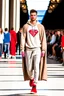 Placeholder: A guy on a fashion runway with Kryptonian Superman street wear Clothes in neutral colors