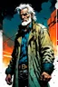 Placeholder: create a full body portrait illustration of a an aged grey haired, raggedly dressed, post apocalyptic, skid row derelict , with highly detailed and deeply cut facial features, in the comic art style of FRANK MILLER and BILL SIENKIEWICZ, searing lines and forceful strokes, precisely drawn, boldly inked, with gritty textures, vibrant colors, dramatic otherworldly lighting