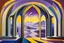 Placeholder: a surreal open gothic_arab gate in a glass wall with a view of a desolate landscape, thick fog,storm, by artist "Leonora Carrington",by artist "Zaha Hadid",by artist "Escher",These colors are bold, vibrant, and intense, including shades of colors such as purple, blue, and yellow.