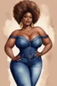 Placeholder: create a watercolor illustration of a plus size dark skinned black female wearing Tight blue jeans and a hazel brown off the shoulder blouse. Prominent make up with long lashes and hazel eyes. She is wearing brown feather earrings. Highly detailed full black tight curl afro