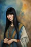 Placeholder: Lenore Nimoy, Long, straight, black hair, blue eyes - multicolored watercolor stained wall in the background, in the art style of Boris Vallejo, Frank Frazetta, Julie bell, Caravaggio, Rembrandt, Michelangelo, Picasso, Gilbert Stuart, Gerald Brom, Thomas Kinkade, Neal Adams - professional quality studio 8x10 UHD Digital photograph by Scott Kendall - paint splattered wall in the background, multicolored overhead spotlight, Photorealistic, rea