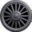 Placeholder: isolated image of a spoked steel wheel(black) from a steam train. vignette of just the wheel, photorealistic