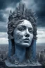 Placeholder: surrealis monochrome A fragmented, surreal sculpture liguid blue color of photorealistic image 3d,psychedelic art glossy emerging from devilish a crumbling empire state building. The girl face appear and intricate details, evoking a haunting expression. set against a backdrop of stormy, cloud-filled skies. bauhaus art The overall tone is dark blue and moody, suggesting themes of decay and transformation.fine lines draw