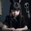 Placeholder: Cute wednesday addams as a child, braids, a frange, with a black rabbit, polaroid, 1970s, empty black room, no emotion on her cold face