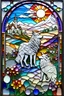 Placeholder: 3D debossed textured ethereal image; very colorful style, bright and vivid hues, contrast, Jesus with a staff stands with one wolf and one lamb on a hill gazing down at a small village; stained glass, agate with copper foil highlights, silver foil lametta; springtime, flowers, meadow, sunshine, pearls, sequins, faceted gems, beads, glitter, luminous color sparkles, sharp, smooth, depth of field 3D embossed textured ethereal image; very colorful