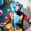 Placeholder: Ultra realistic circus scene. Blue Monkey man, waist up view, Wes Anderson style, happy, bubbles, party, confeti, highly detailed, concept art, unreal engine 5, god rays, ray tracing, RTX, lumen lighting, ultra detail, volumetric lighting, 3d, finely drawn, high definition, high resolution.