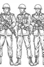 Placeholder: Outline art for coloring page OF A TOY SET OF FOUR SMALL AMERICAN PLASTIC TOY ARMY SOLDIERS, coloring page, white background, Sketch style, only use outline, clean line art, white background, no shadows, no shading, no color, clear