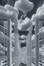 Placeholder: a bridge which has white clouds, in the style of futuristic digital art, grid formations, hall of mirrors, black and gray, photorealistic fantasies, multilayered dimensions, frontal perspective